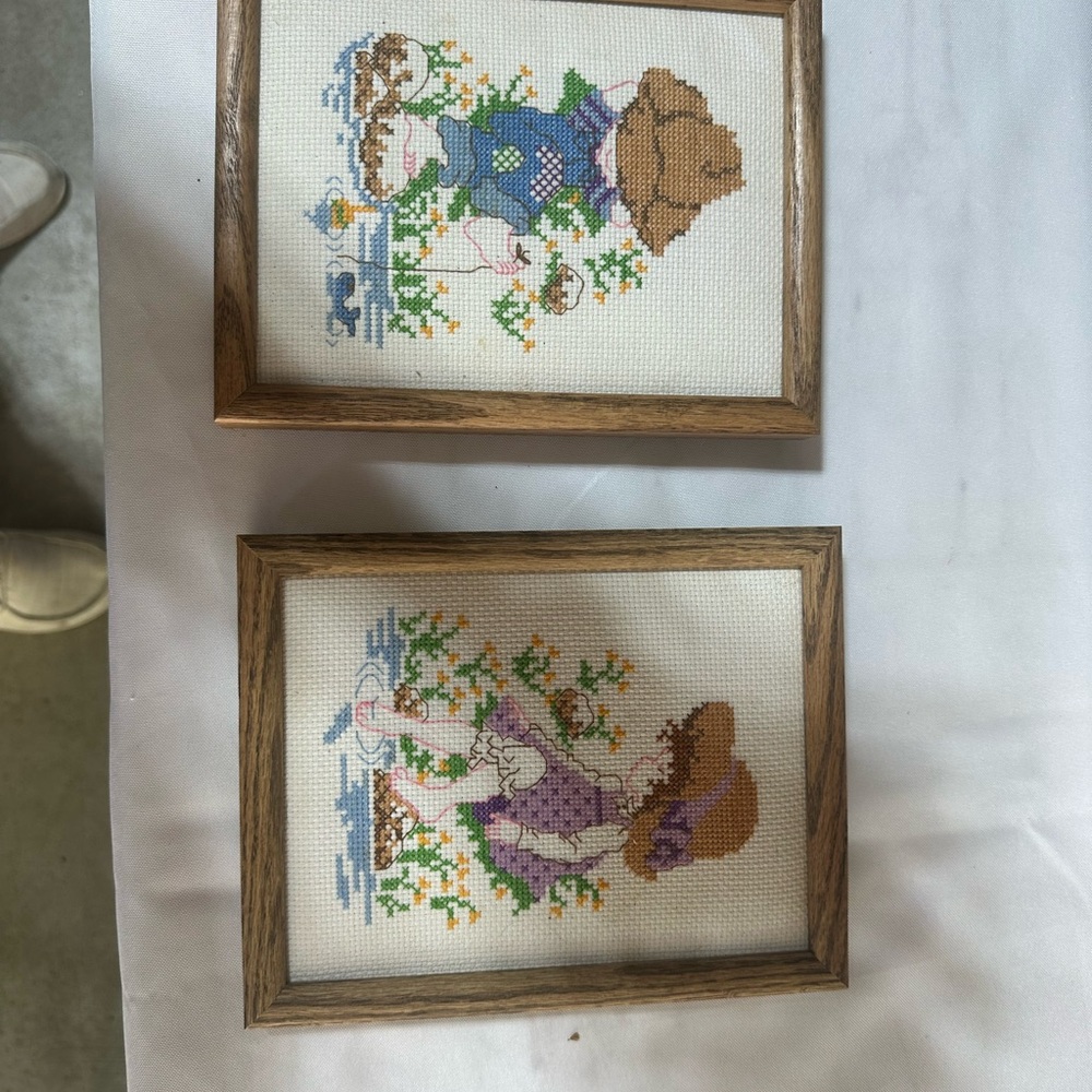 Vintage Cross-Stitch Art Set with Wooden Frames